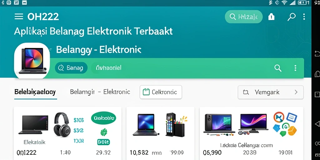 Tangkapan layar utama aplikasi menunjukkan antarmuka belanja elektronik yang bersih dan modern.